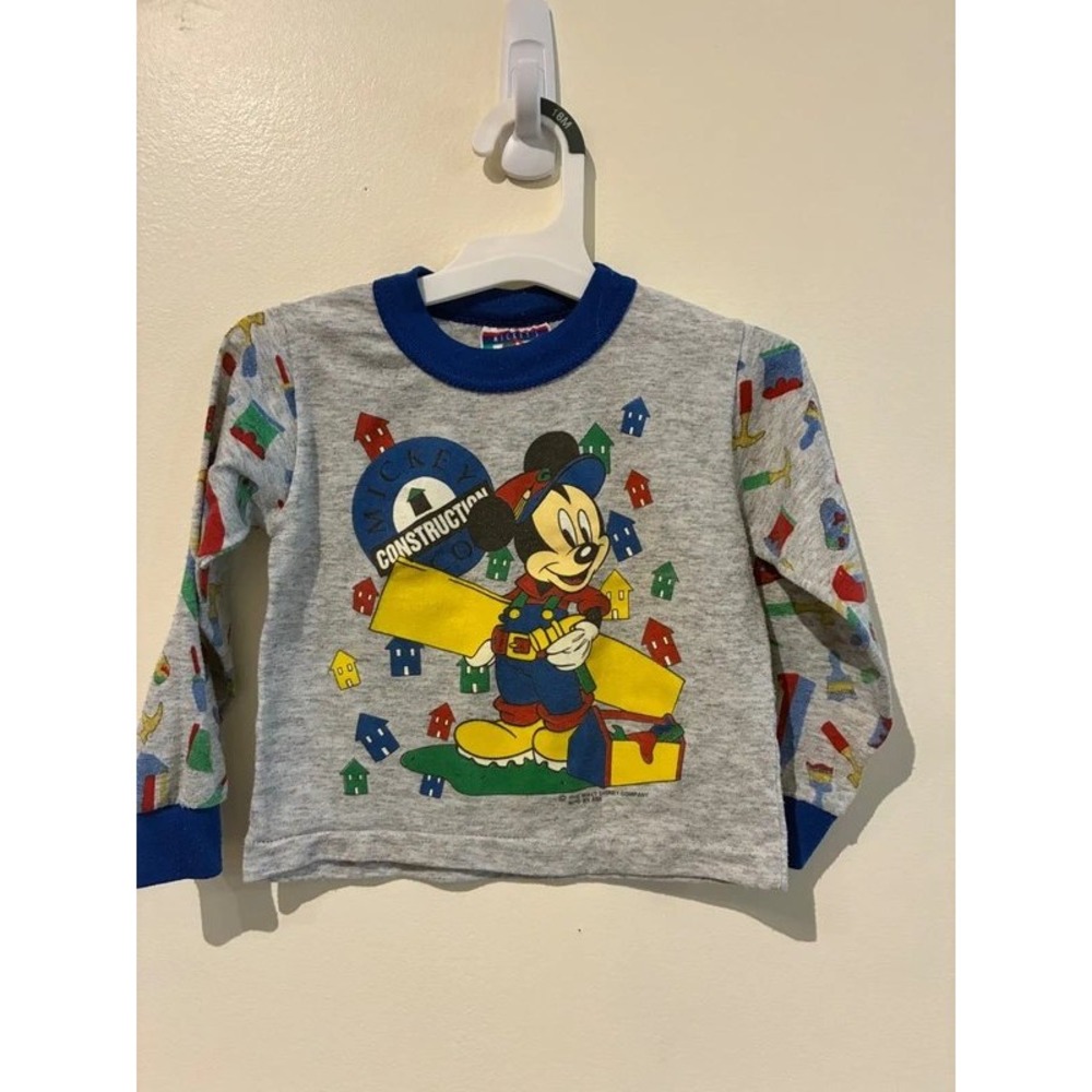 Vintage Mickey Mouse Construction Pajama Top Kids Size 4T Gray Blue Long Sleeve